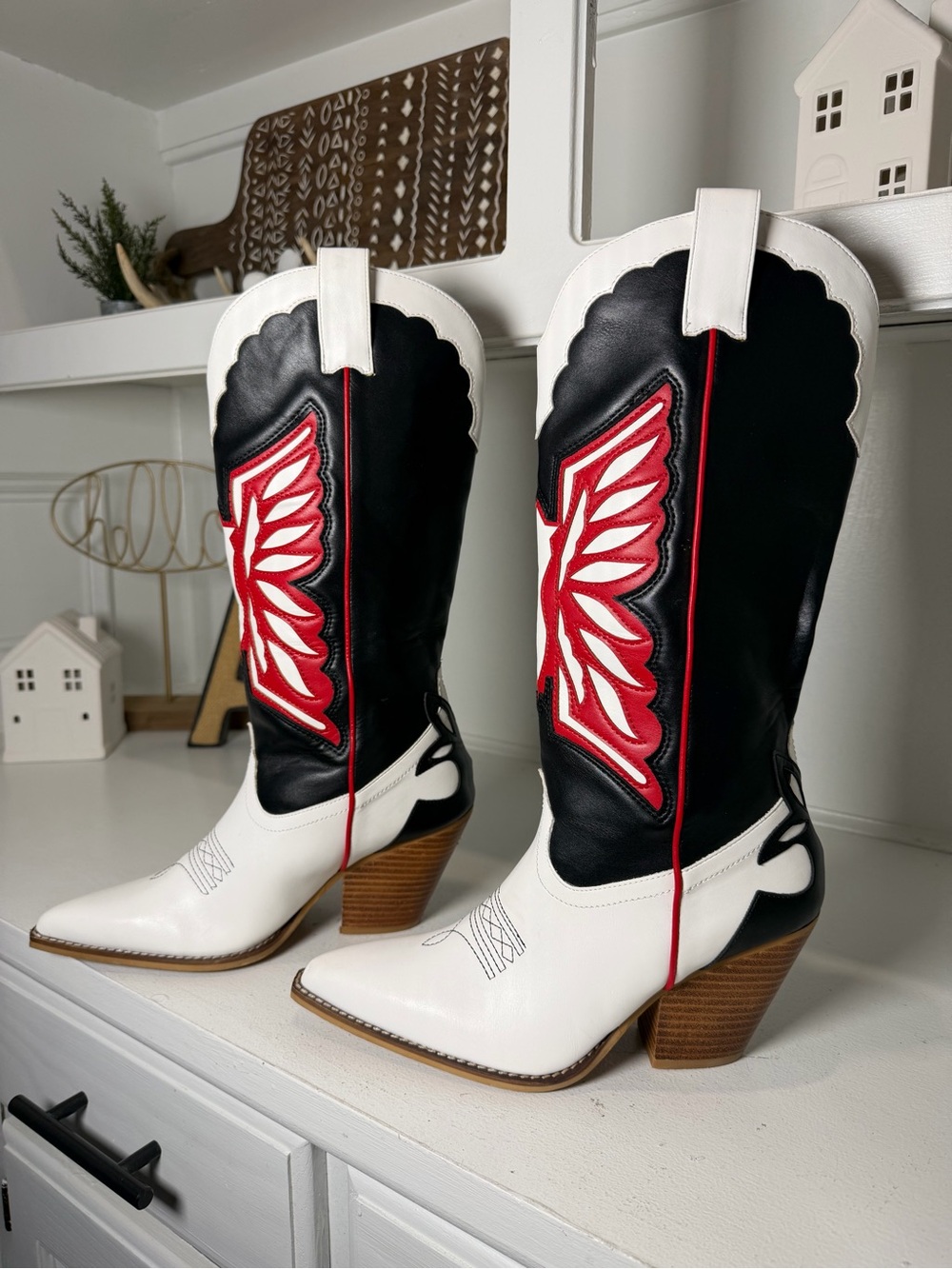Arider Girl Thunderbird Black White Red Tall Cowboy Boots Western